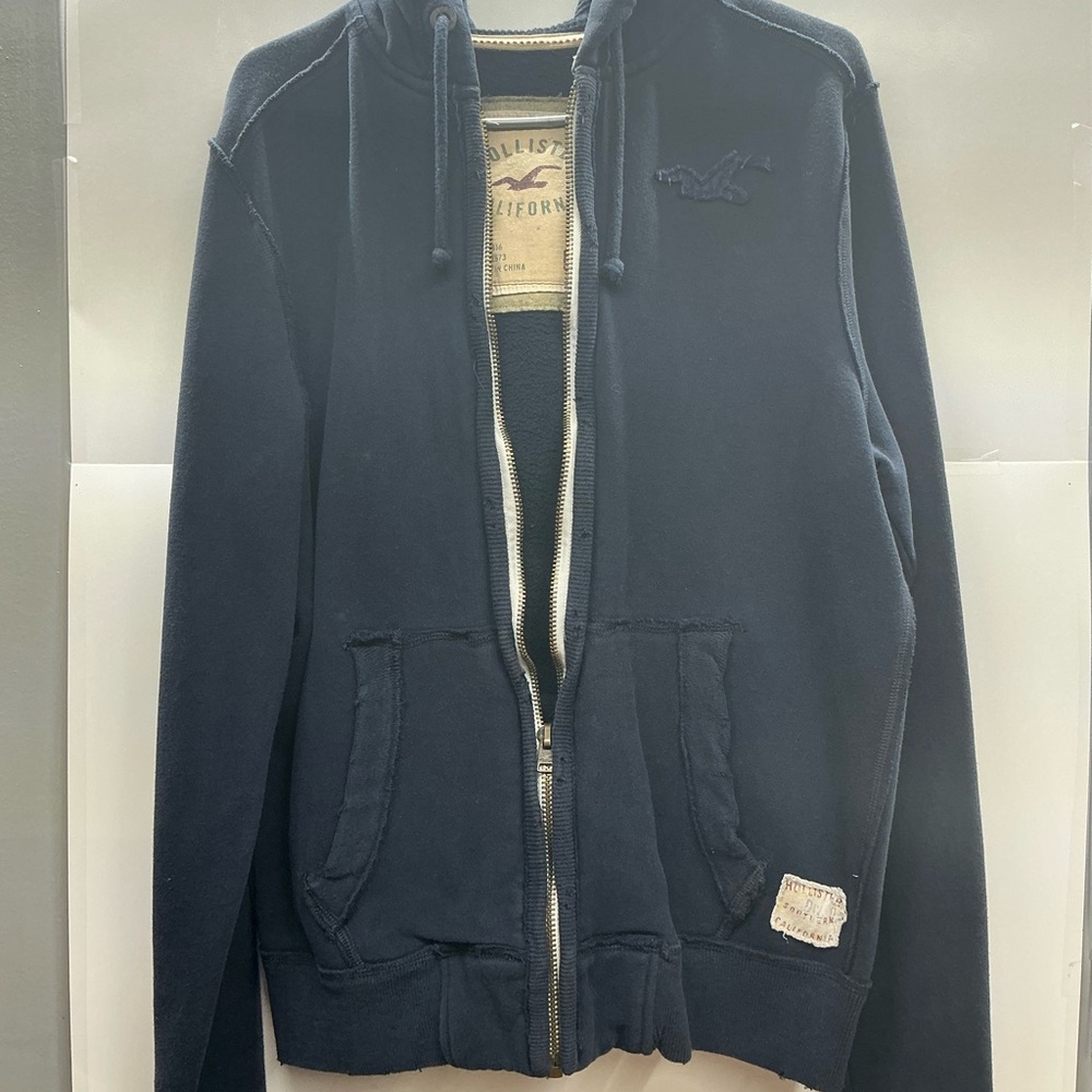 Hollister Men's Dark Navy Full-Zip Hoodie Sweater